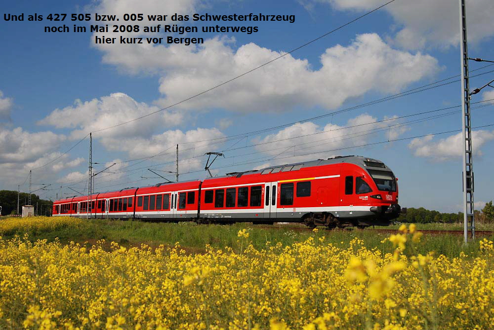 Und als 427 505 bzw. 005 war das Schwesterfahrzeug 
 noch im Mai 2008 auf Rgen unterwegs
hier kurz vor Bergen